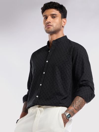 Black Mandarin Collar Shirt For Men